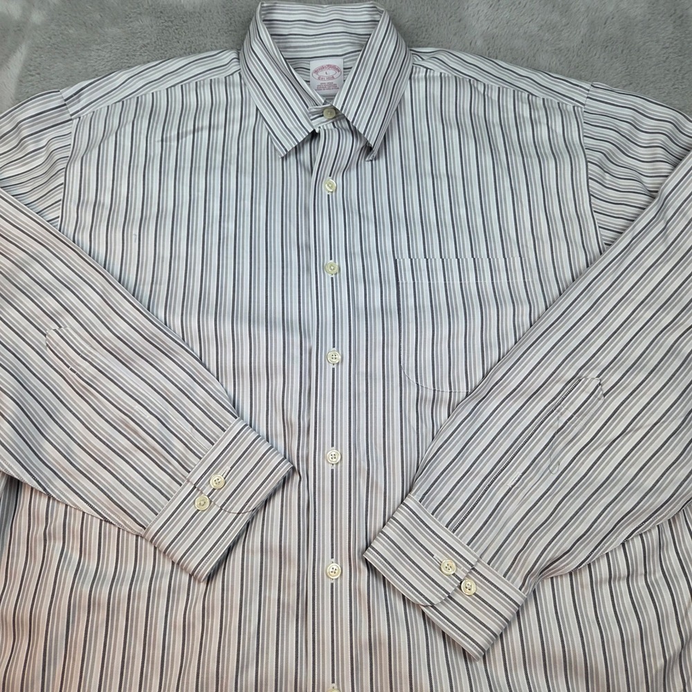 Brooks Brothers Button Down Men L Non-Iron Striped Long Sleeve Gray White Cotton